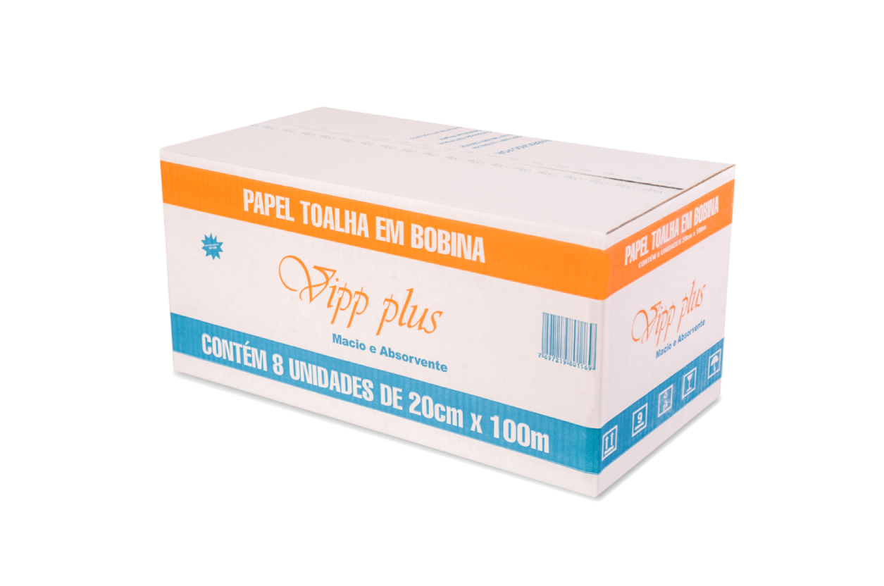 PAPEL TOALHA BOBINA VIPP PLUS 20 CM X 100 M | CAIXA COM 8 ROLOS