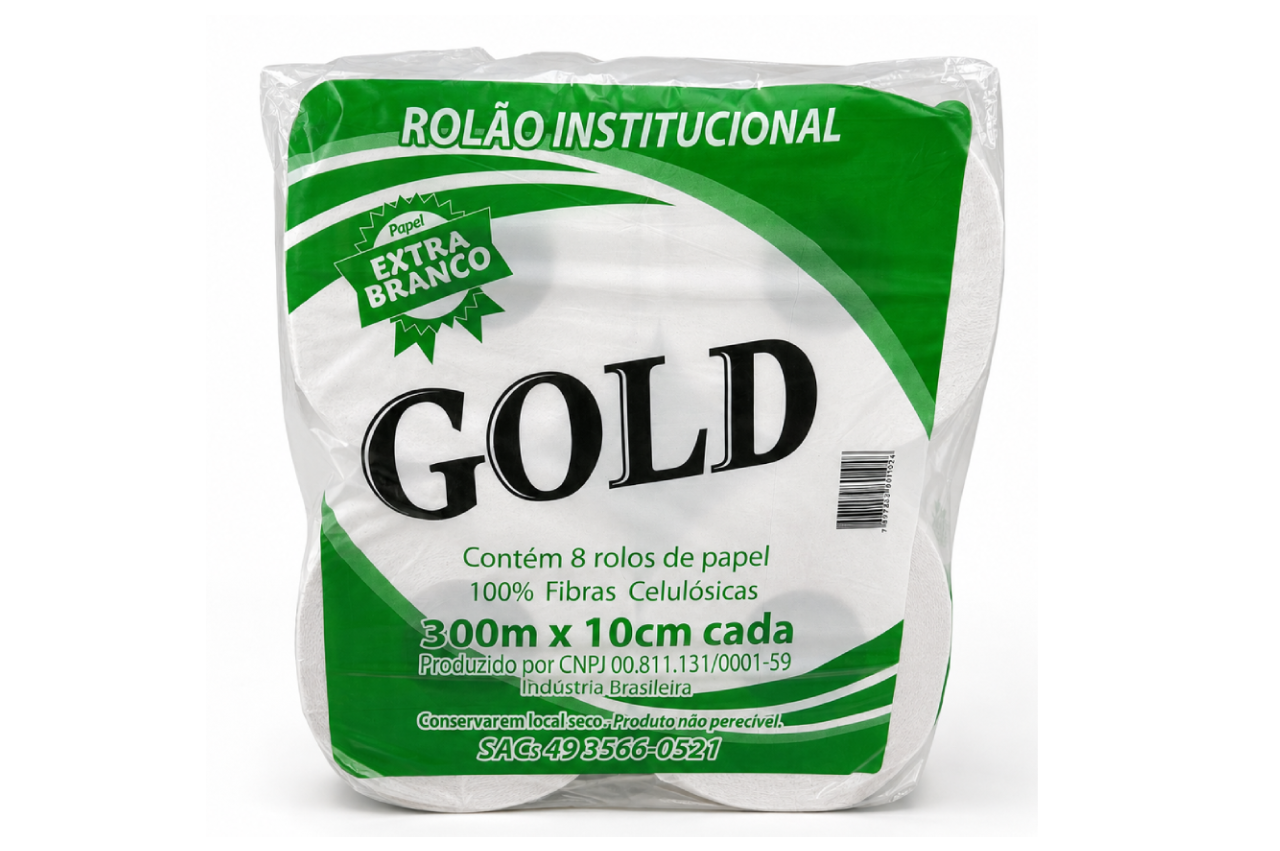 PAPEL HIGIÊNICO ROLÃO GOLD 10 CM X 300 M | FARDO COM 8 ROLOS