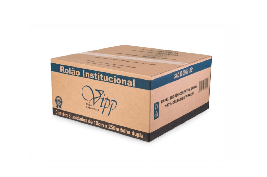 PAPEL HIGIÊNICO ROLÃO INSTITUCIONAL VIPP 10 CM X 250M | FOLHA DUPLA | CAIXA COM 8 ROLOS