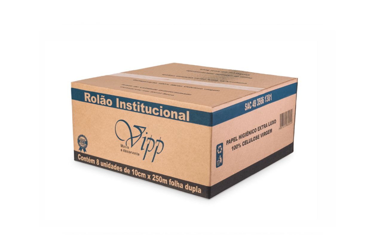 PAPEL HIGIÊNICO ROLÃO INSTITUCIONAL VIPP 10 CM X 250M | FOLHA DUPLA | CAIXA COM 8 ROLOS