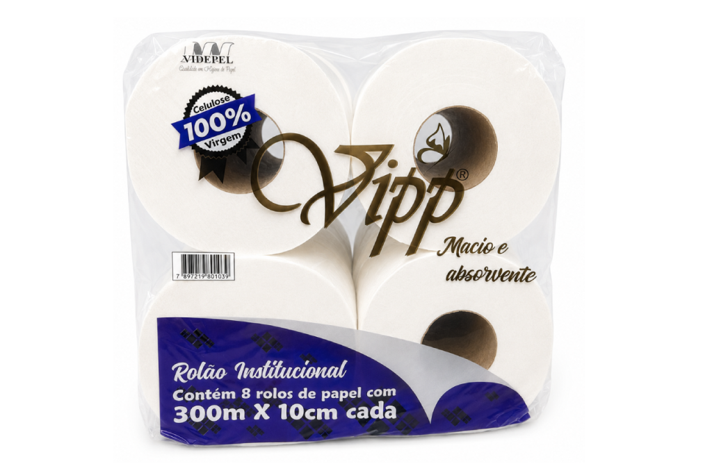 PAPEL HIGIÊNICO ROLÃO VIPP 10 CM X 300 M | FARDO COM 8 ROLOS