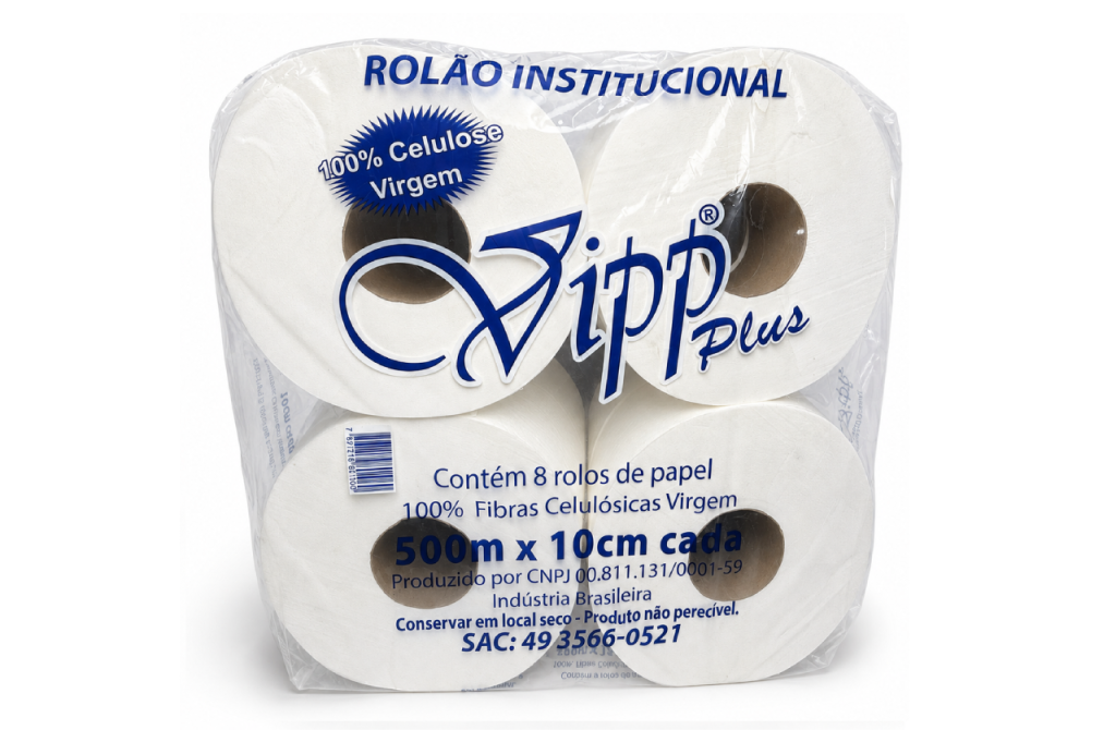 PAPEL HIGIÊNICO ROLÃO VIPP 10 CM X 500 M | FARDO COM 8 ROLOS